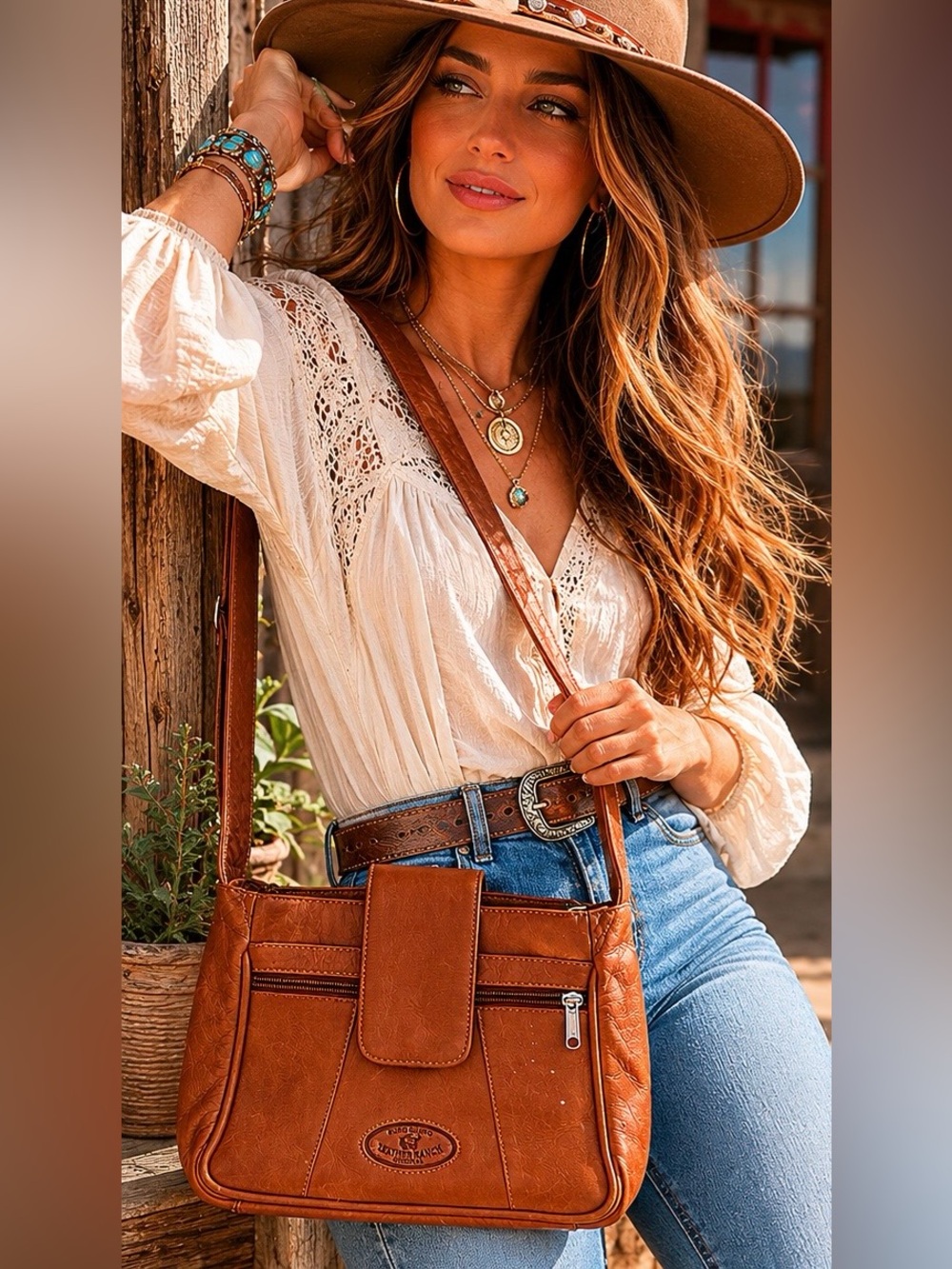 Vintage Puro Cuero Ranch Original Genuine Leather Organizer Crossbody Bag Purse